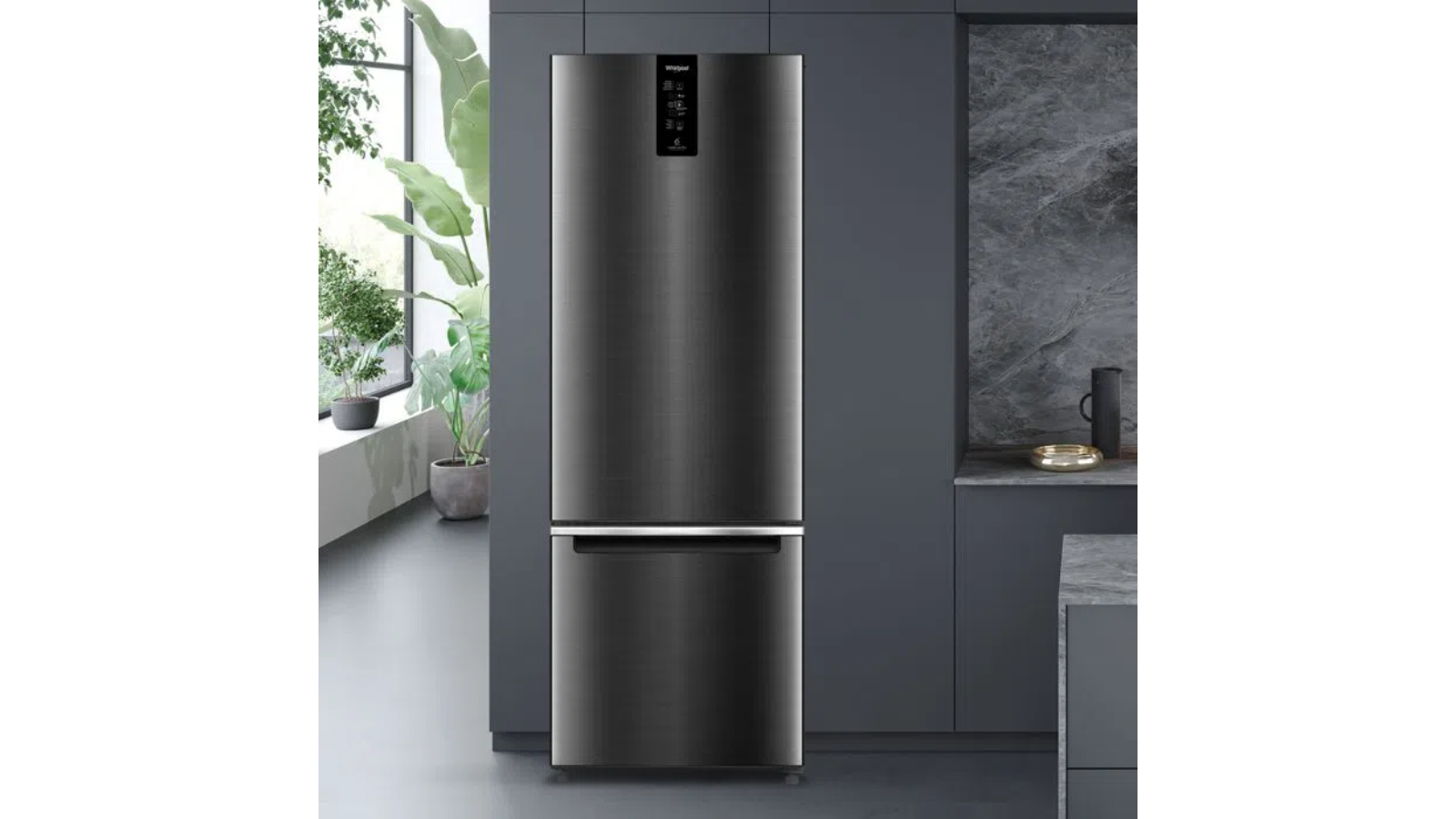 Whirlpool 290L Bottom Mount Fridge Black Stainless Steel Joyce Mayne