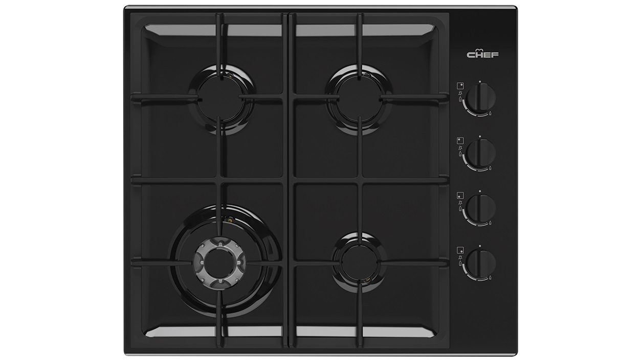 Chef 600mm 4 Burner Gas Cooktop with 14.4MJ/h Wok Burner Black