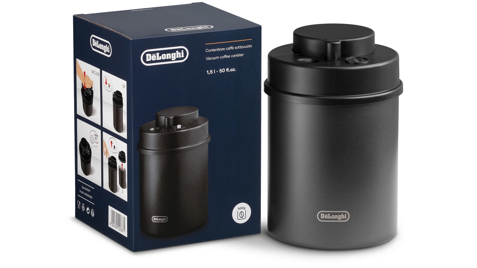 De Longhi 1.5L Vacuum Sealed Coffee Canister Black Joyce Mayne