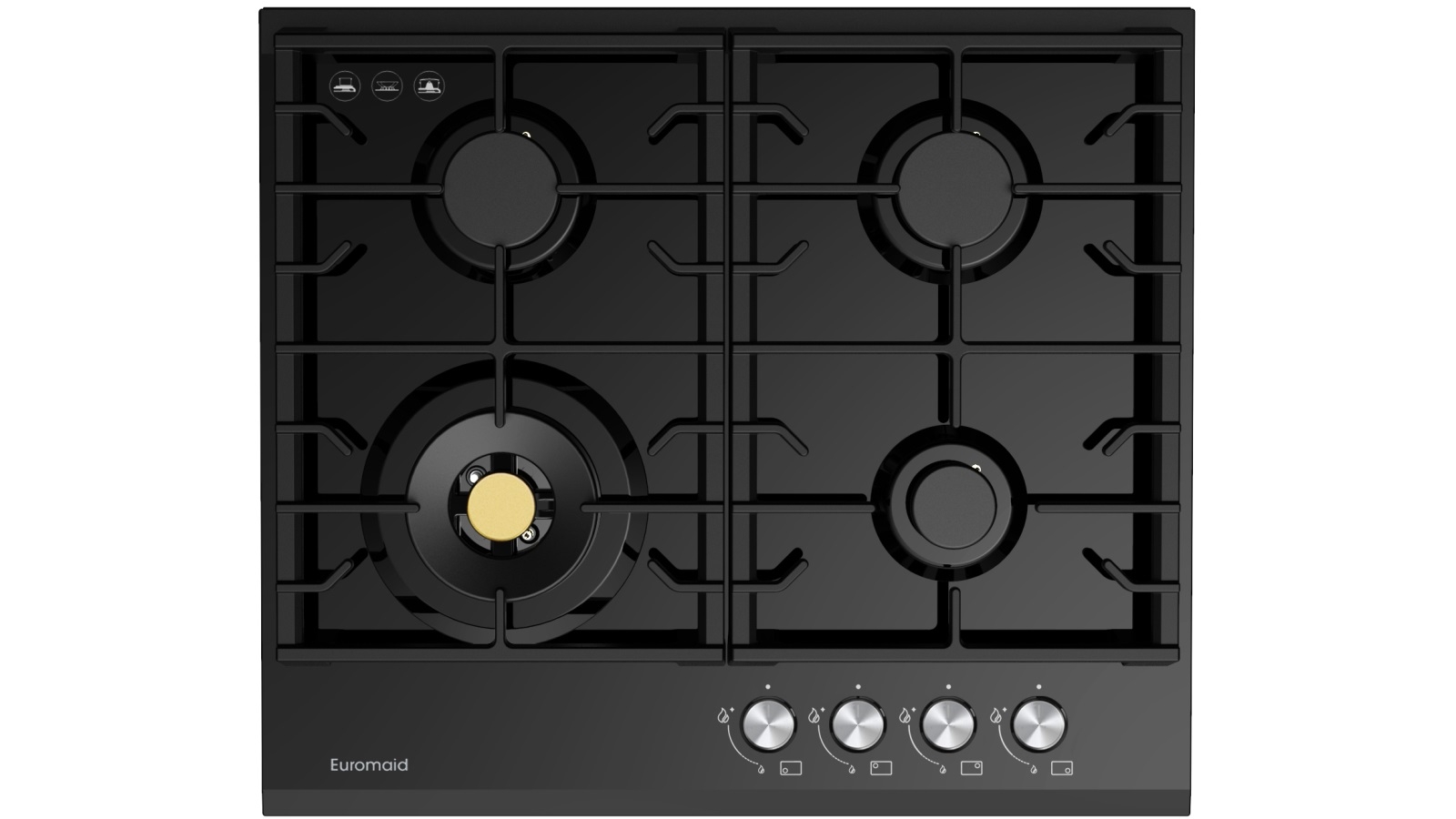Euromaid Eclipse 600mm 4 Burner Black Glass Gas Cooktop Joyce Mayne