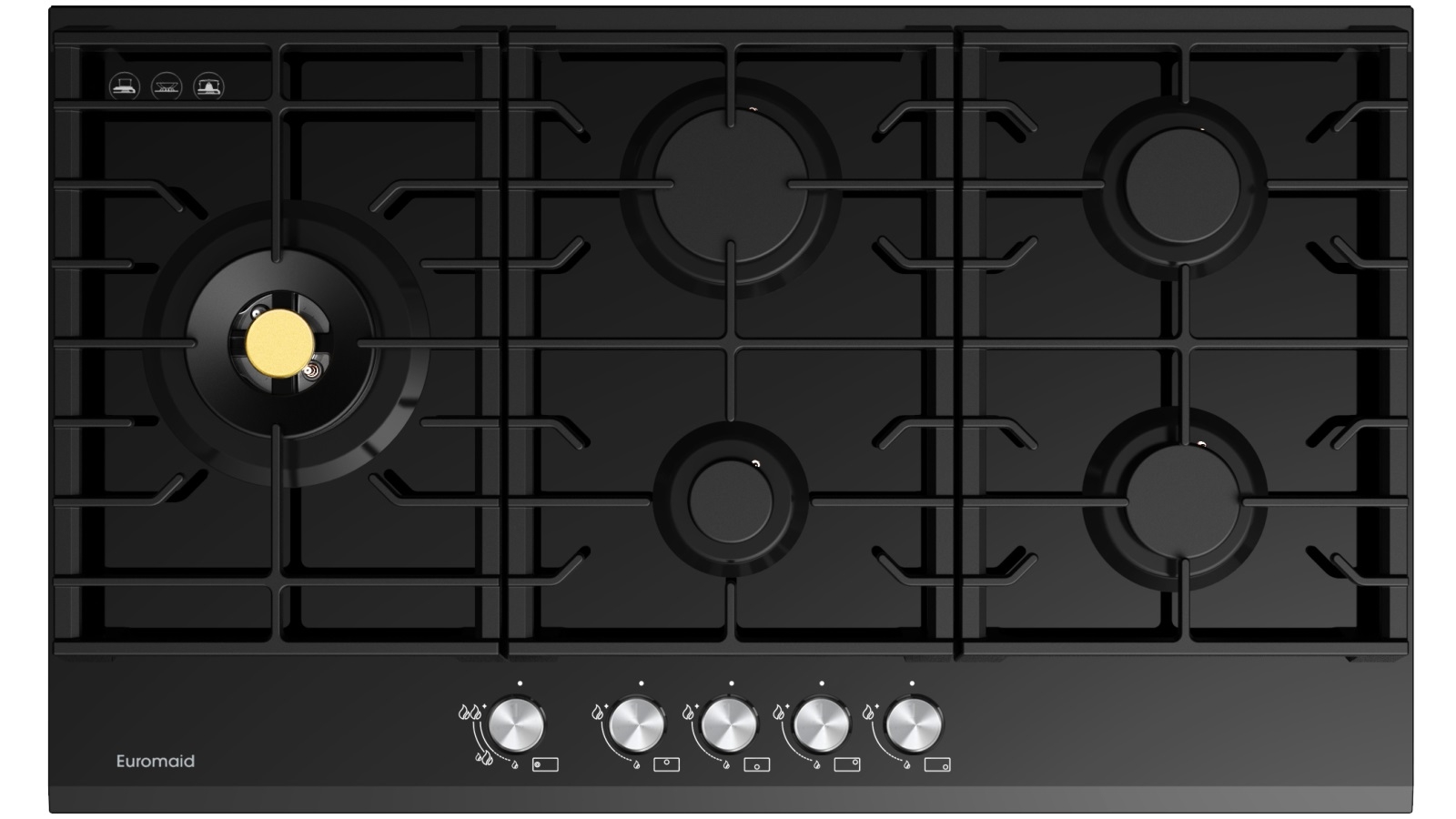 Euromaid Eclipse 900mm 5 Burner Black Glass Gas Cooktop Joyce Mayne