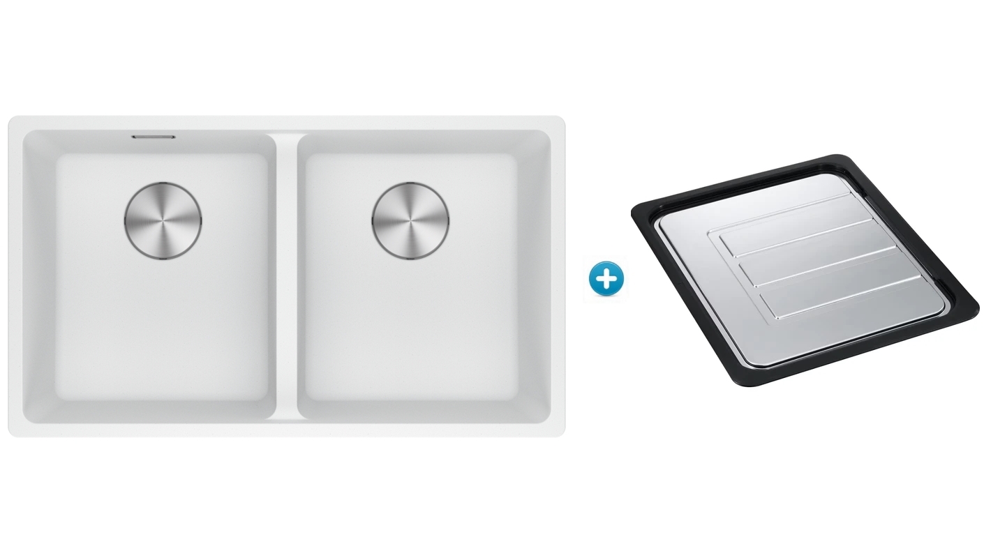 Franke Maris Double Bowl Flushmount Sink with Extension Drainer Polar