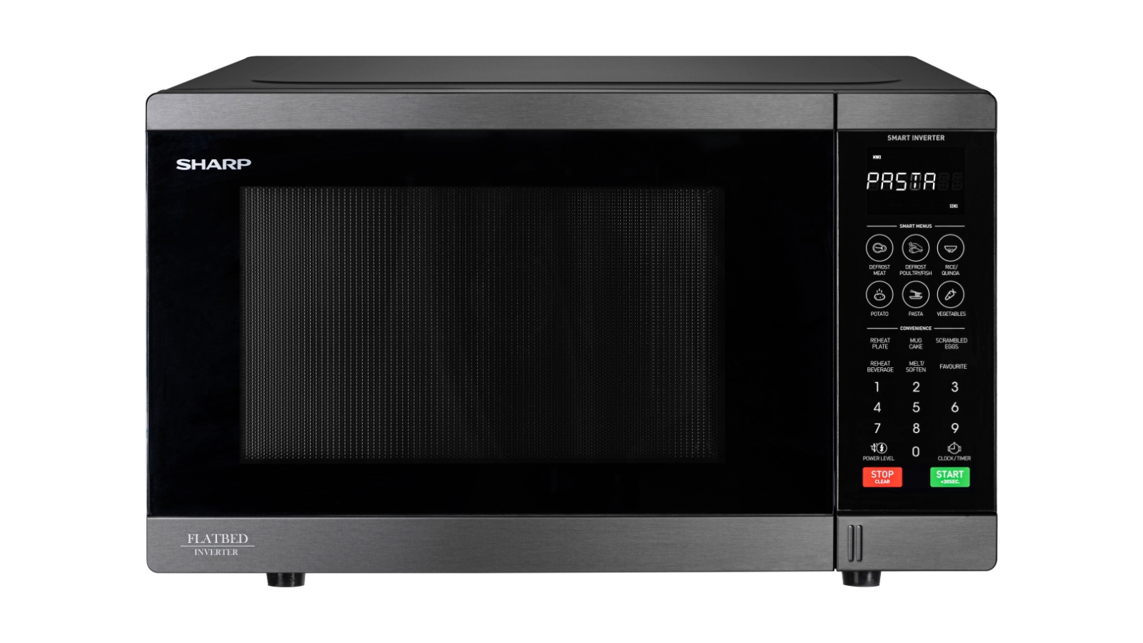 Sharp 32L Inverter Flatbed Microwave Black Stainless Joyce Mayne