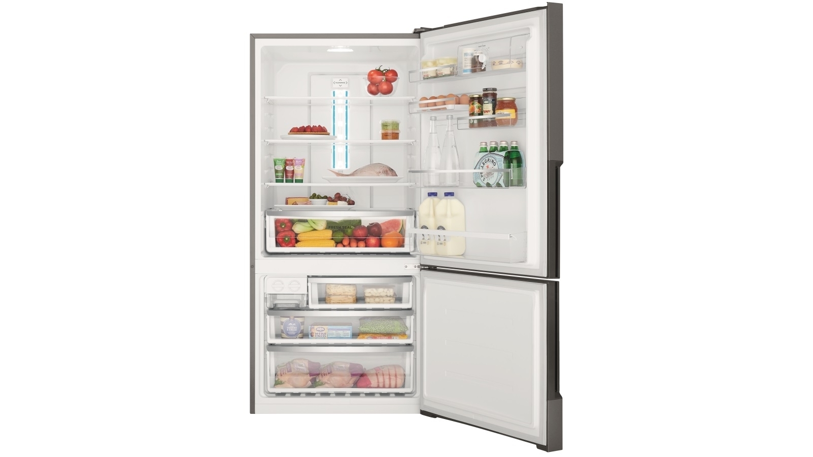 Westinghouse 496L Pocket Handle Right Hinge Bottom Mount Fridge Dark Stainless Steel Joyce Mayne