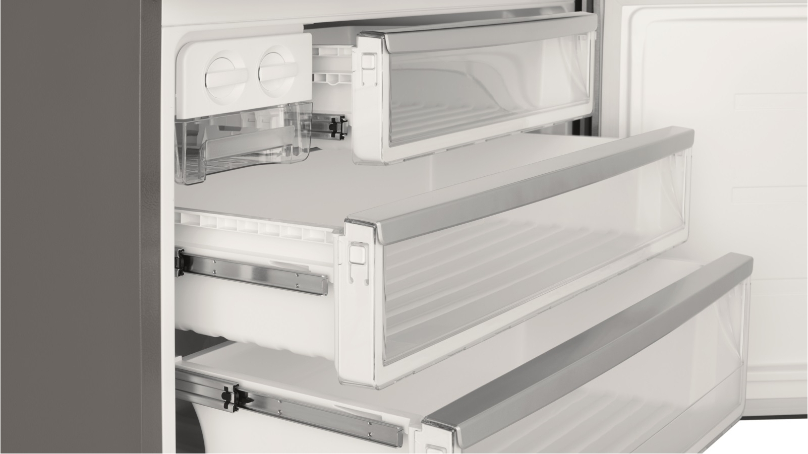 Westinghouse 496L Pocket Handle Right Hinge Bottom Mount Fridge Dark Stainless Steel Joyce Mayne