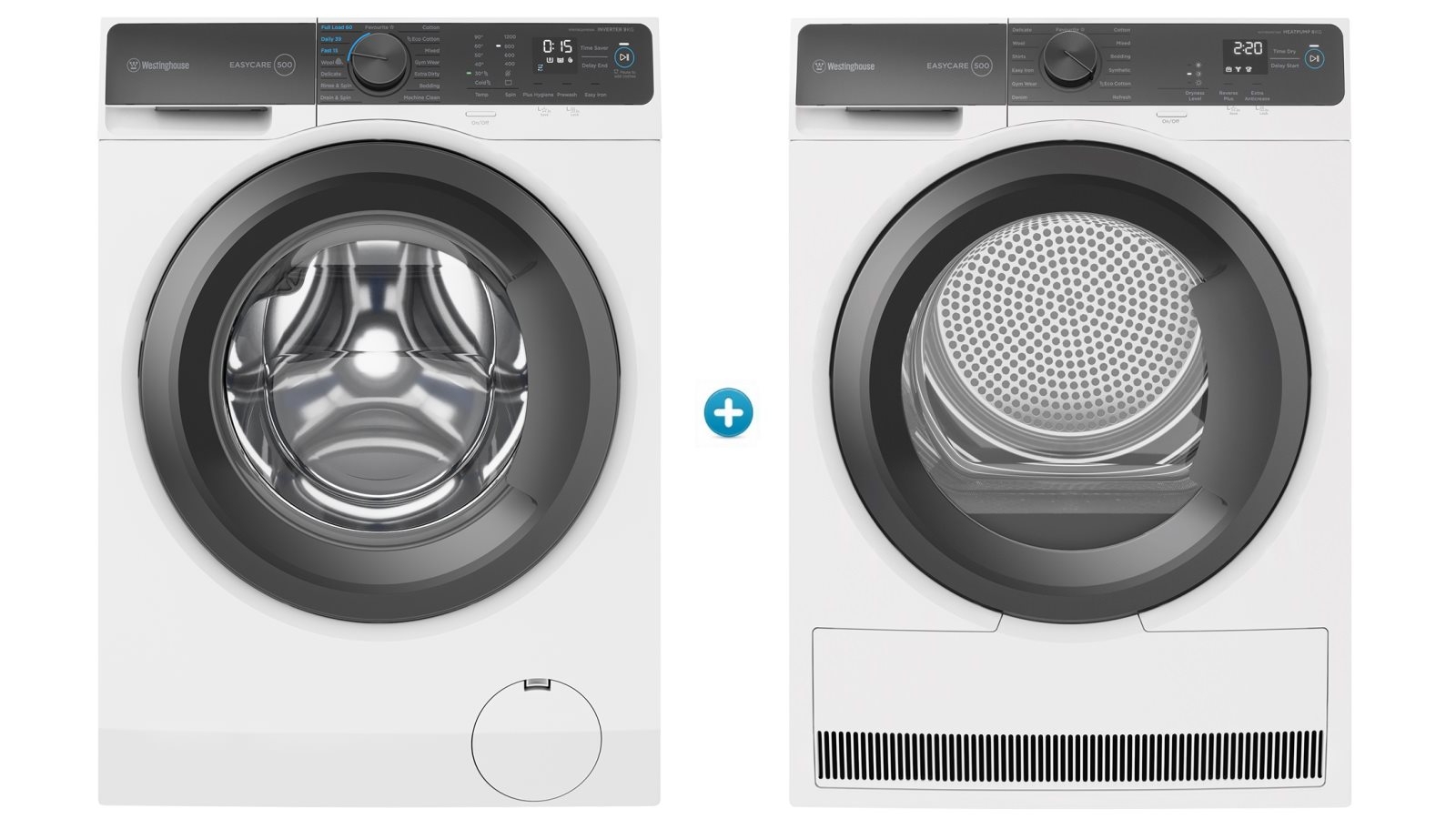 Westinghouse 9kg EasyCare Front Load Washing Machine plus 8kg Heat Pump